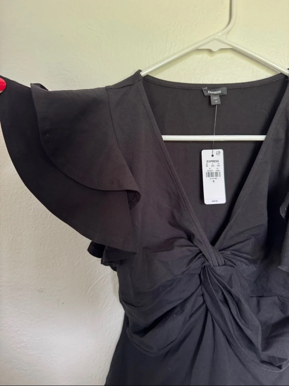 Express Black Ruffle-Sleeve Twist-Front V-Neck Bodysuit - Picture 4 of 8